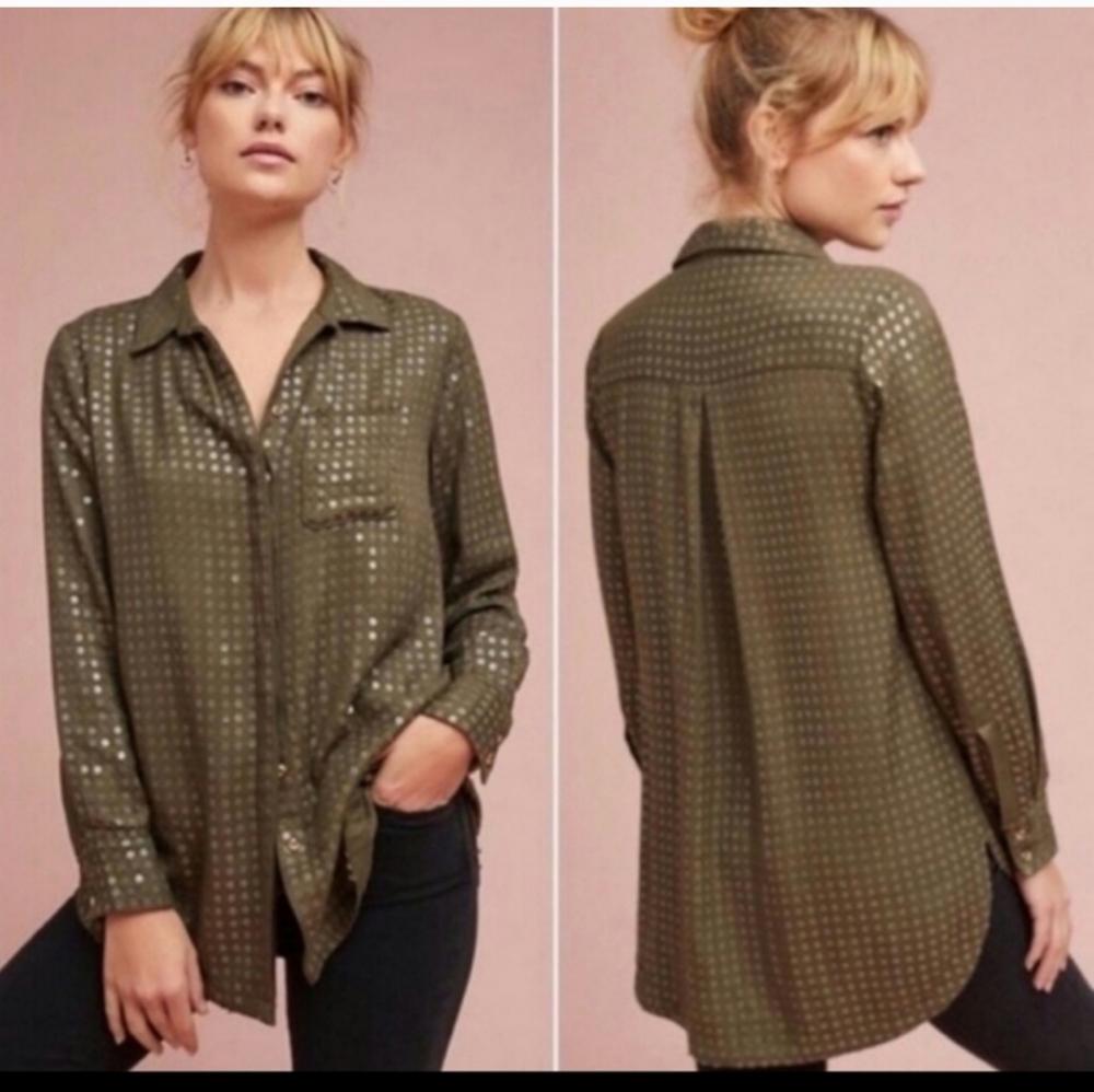 Anthropologie Olive Sequins Button Down Shirt